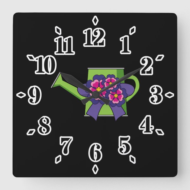 Cute Watering Can with Flowers Bouquet Square Wall Clock (Front)