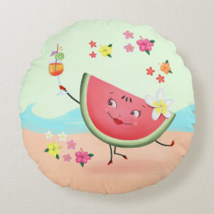Cute Watermelon Character and Beach Round Cushion