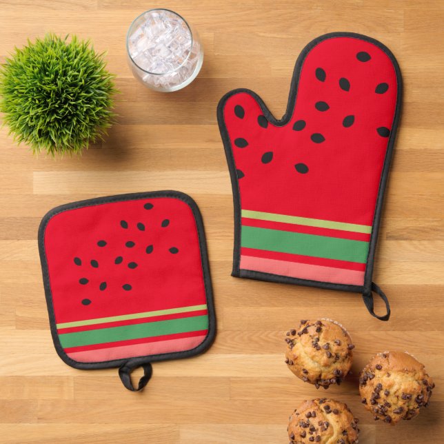Cute Watermelon Fruit Kitchen Oven Mitt & Pot Holder Set (Top Down)