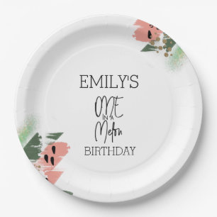 Cute Watermelon Glitter and Paint Strokes Birthday Paper Plate