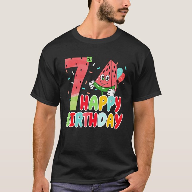 Cute Watermelon Happy 7th Birthday Family Watermel T-Shirt (Front)