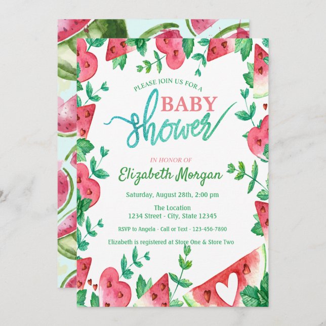 Cute Watermelon Heart Baby Shower  Invitation (Front/Back)
