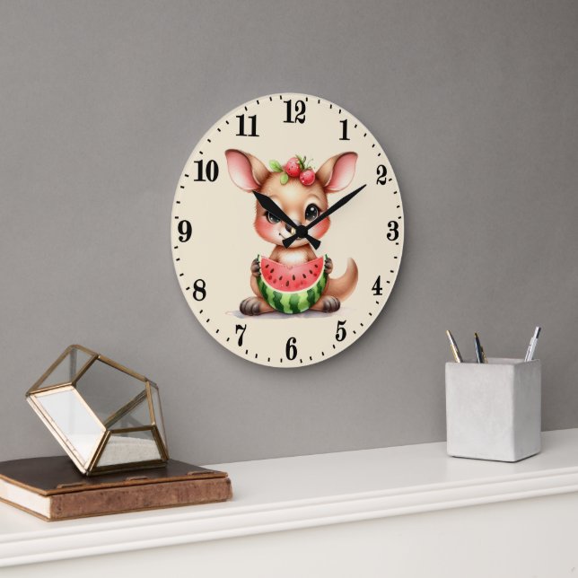 Cute watermelon lovers Kangaroo  Large Clock (Office)