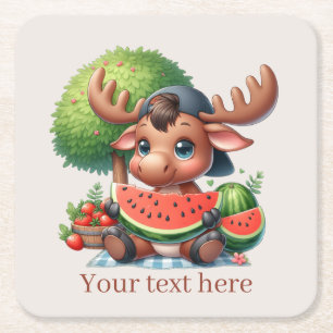 Cute watermelon moose party  square paper coaster