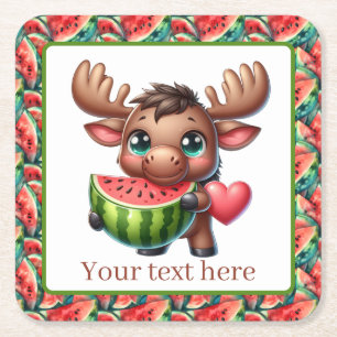 Cute watermelon moose party square paper coaster