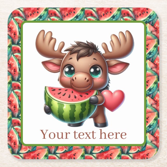 Cute watermelon moose party  square paper coaster (Front)