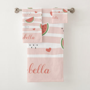 Cute Watermelon On Pink Stripes Pattern Personised Bath Towel Set