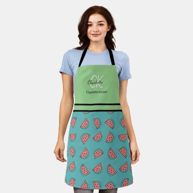 Cute Watermelon Pattern Monogram Name  Apron (Worn)