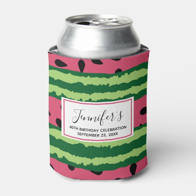 Cute Watermelon Pattern Pink & Green Birthday Can Cooler (Can Front)