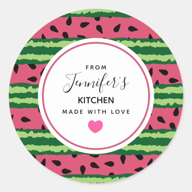 Cute Watermelon Pattern Pink & Green Kitchen Classic Round Sticker (Front)