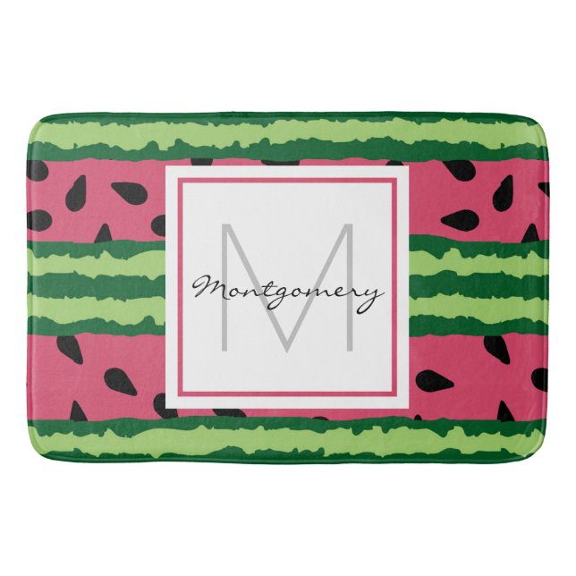 Cute Watermelon Pattern Pink & Green Monogram Bath Mat (Front)