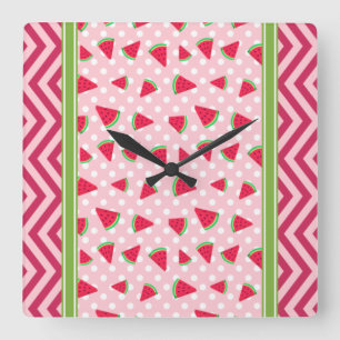 Cute Watermelon Polka Dot & Chevron Pink Square Wall Clock