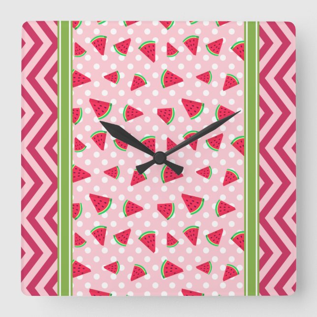 Cute Watermelon Polka Dot & Chevron Pink Square Wall Clock (Front)