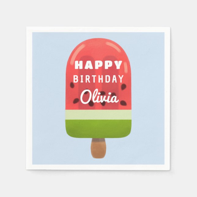 Cute Watermelon Popsicle Happy Birthday Napkin (Front)