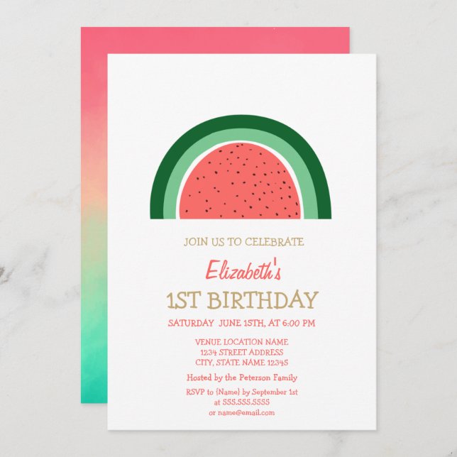 Cute Watermelon Rainbow Birthday   Invitation (Front/Back)