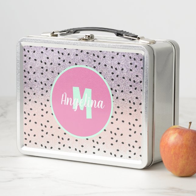 Cute Watermelon Seeds Monogrammed Faux Glitter Metal Lunch Box (In Situ)