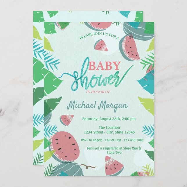 Cute Watermelon, Tropical Leaves  Baby Shower Invitation (Front/Back)