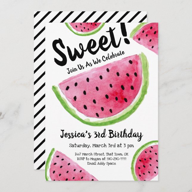 Cute Watermelon Watercolor Illustration Invitation (Front/Back)
