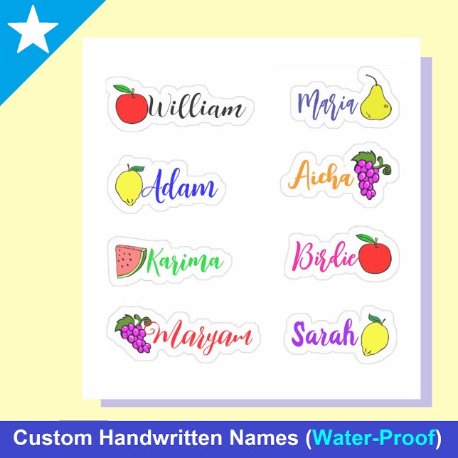 Cute Waterproof Handwritten Names & Fruit Stickers (Personalized Cute Kawaii Fruit Name Stickers for kids)