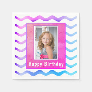 Cute Waves Pink Blue Birthday Photo Napkin