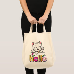 Cute Waving Cat Hello Colourful Retro Tote Bag