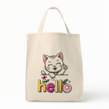Cute Waving Cat Hello Colourful Retro Tote Bag