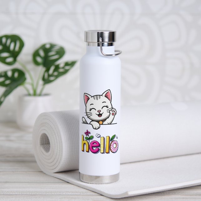 Cute Waving Cat Hello Colourful Retro Water Bottle (Yoga (Rotated))