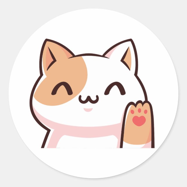 Cute Waving Kitten Classic Round Sticker (Front)