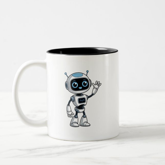 Cute Waving Robot Cartoon Design Two-Tone Coffee Mug (Left)