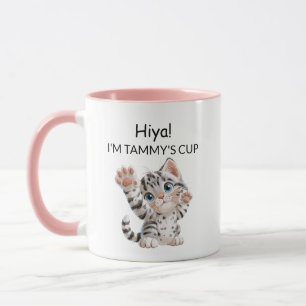 Cute Waving Tabby Kitten Cat Mug   Personalised