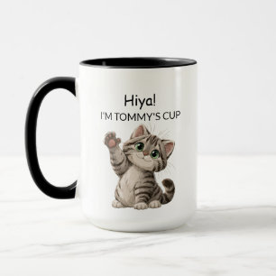 Cute Waving Tabby Kitten Cat Mug   Personalised