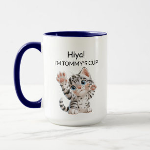 Cute Waving Tabby Kitten Cat Mug   Personalised