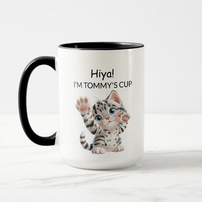 Cute Waving Tabby Kitten Cat Mug | Personalised (Left)