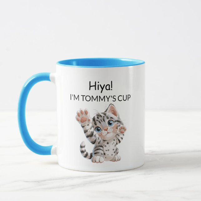 Cute Waving Tabby Kitten Cat Mug | Personalised (Left)