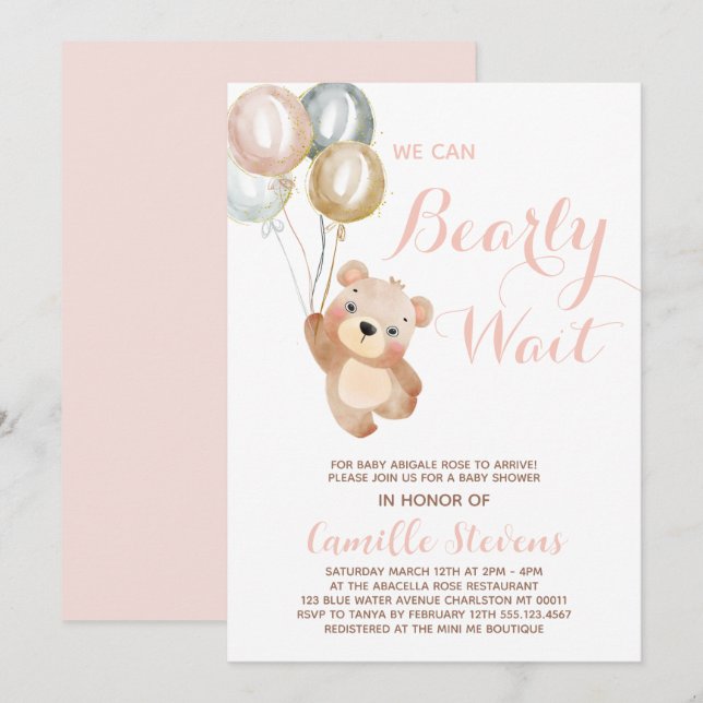 Cute We Can Bearly Wait Bear Baby Shower Girl Invitation (Front/Back)