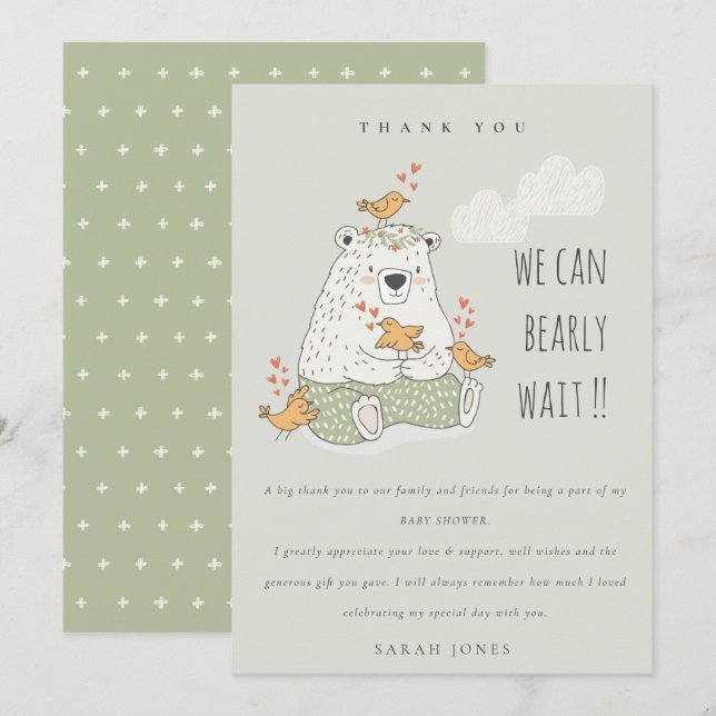 Cute We Can Bearly Wait Bear Birds Baby Shower Thank You Card (Front/Back)