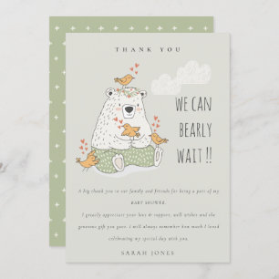 Cute We Can Bearly Wait Bear Birds Baby Shower Thank You Card