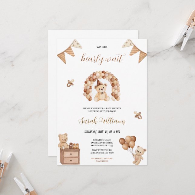 cute we can bearly wait brown bear babyshower  invitation (Front/Back In Situ)