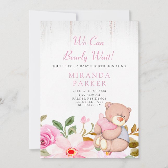 Cute We Can Bearly Wait Girl Baby Shower Invitation (Front)
