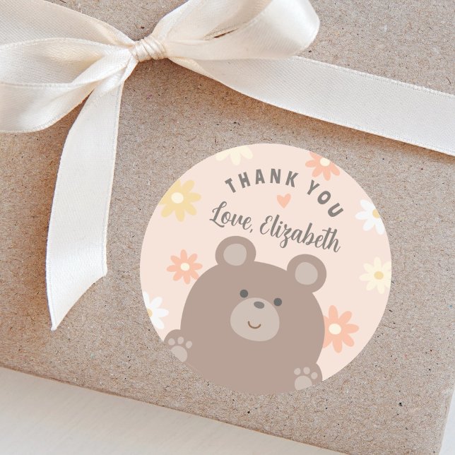 Cute We Can Bearly Wait Girl Baby Shower Thank You Classic Round Sticker (Creator Uploaded)