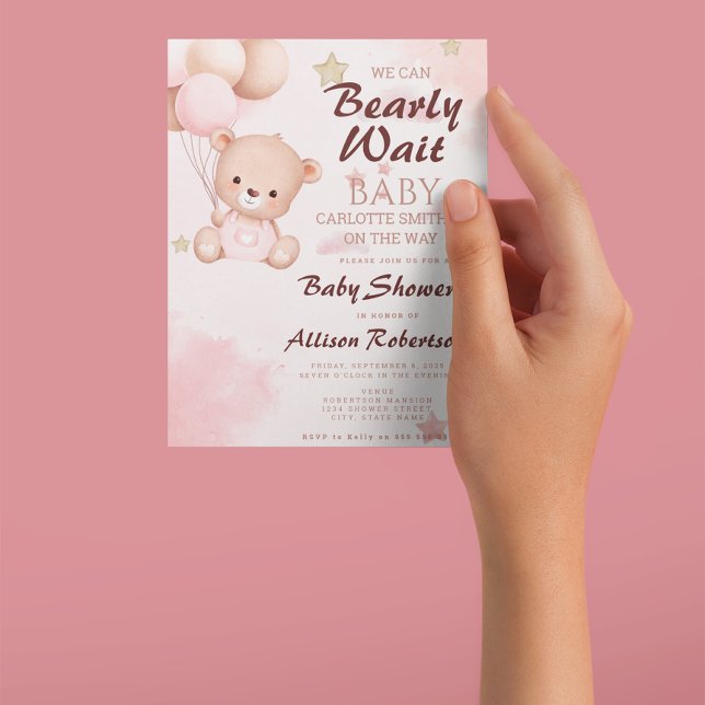 Cute We Can Bearly Wait Pink Girl Baby Shower  Invitation (Creator Uploaded)