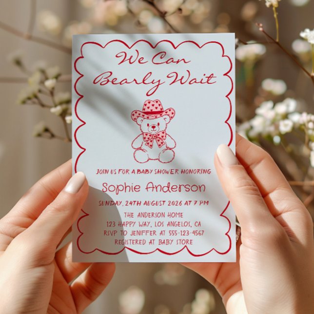 Cute We Can Bearly Wait Teddy Bear Baby Shower Invitation (Creator Uploaded)