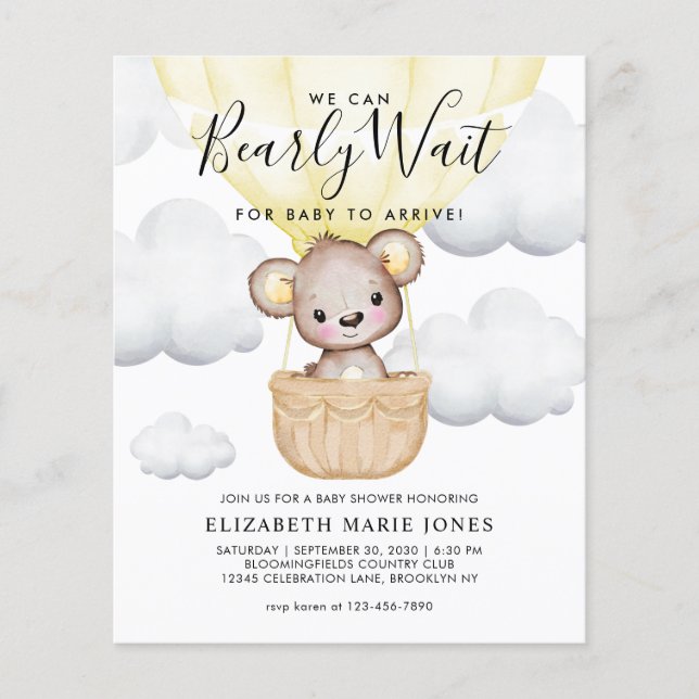 Cute We Can Bearly Wait Yellow Balloon Baby Shower (Front)