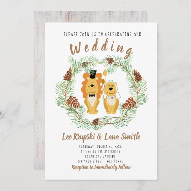 Cute Wedding Couple Lion Groom & Bride Invitation (Front/Back)