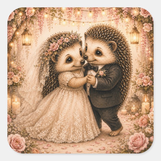 Cute Wedding Hedgehog Couple Square Sticker (Front)