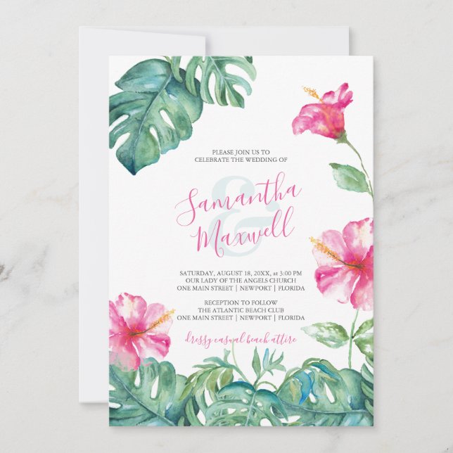Cute Wedding Invitation Tropical Watercolor Floral (Front)