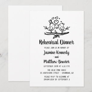 Cute Wedding Lovebird Black White Rehearsal Dinner Invitation