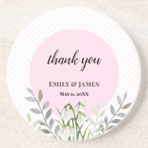 Cute Wedding White Snowdrops Pink Polka Dots Coaster