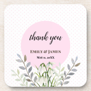 Cute Wedding White Snowdrops Pink Polka Dots Coaster