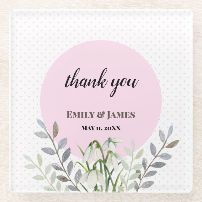 Cute Wedding White Snowdrops Pink Polka Dots Glass Coaster (Front)